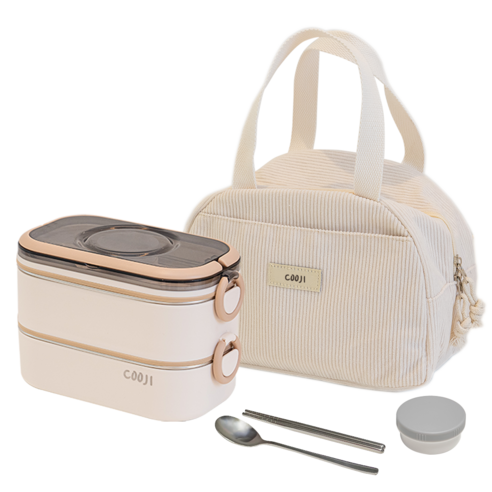 쿠지 2단 스텐도시락통 전자레인지 밀프랩 가방 세트, 오트밀, 1개 - 일반도시락 상품 이미지