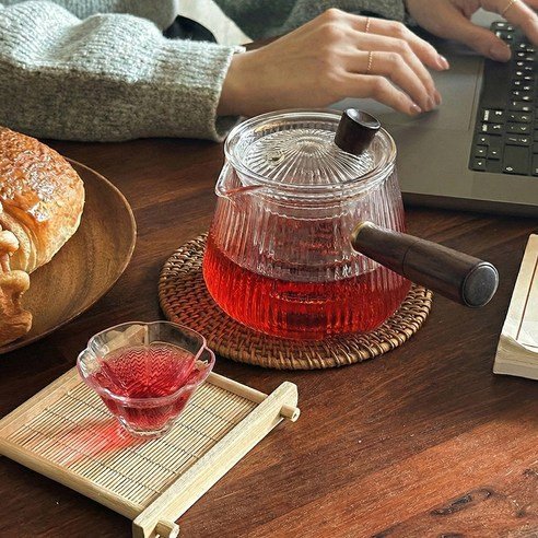 웜쿨러 크리스탈 우드 핸들 차주전자+찻잔1p+찻잔받침 세트 - 티포트 상품 이미지